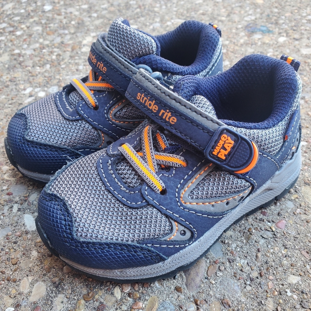 Stride Rite Made 2 Play Memory Foam Xander Baby Sneakers 5 Grey Blue Orange - Picture 1 of 8